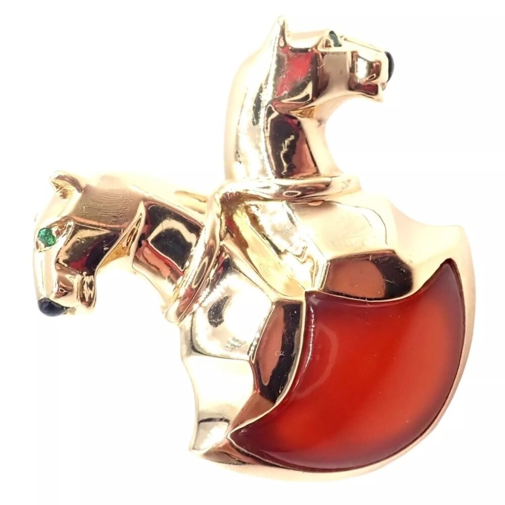 Rare! Authentic Cartier Double Panther 18k Yellow Gold Jasper Onyx Pin Brooch